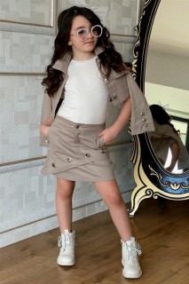 Outwear - Beigefarbener Rockanzug für Mädchen mit Ketten- und Knopfdetail, 4-teilig auf der Rückseite 100327404 - Turkey