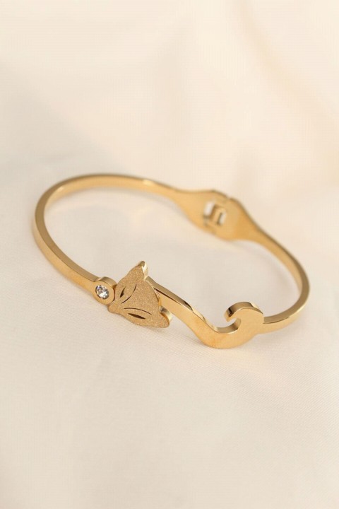 Steel Gold Color Stone Fox Detailed Cuff Bracelet 100326591