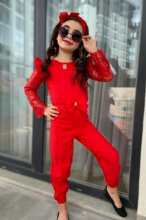 Outwear - Girls' Sleeves Lace Transparent Detailed Front Bow Bandana Red Jumpsuit 100328384 - Turkey