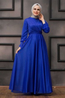 Wedding & Evening - Sax Blue Hijab Evening Dress 100336973 - Turkey