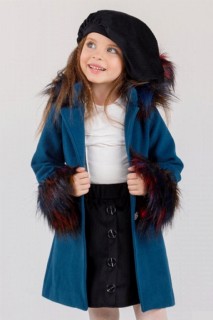Outwear - Girls' Petrol Blue Coat Velvet Skirt Suit 100328720 - Turkey