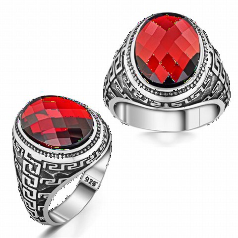 Labyrinth Patterned Red Zircon Stone Silver Ring 100350292
