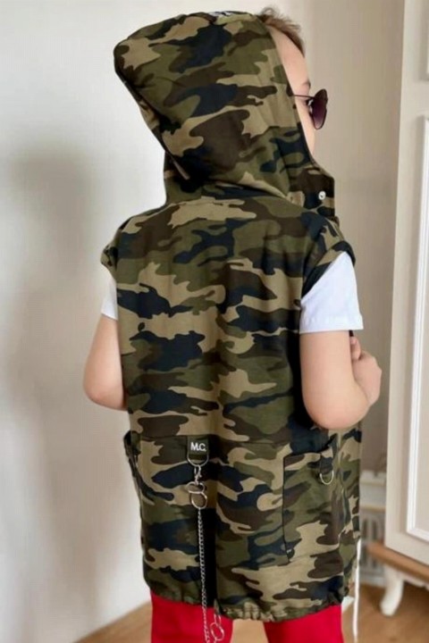 Boy's Back Chain Detail Front Snap Button and Hooded Camouflage-Red Tracksuit Suit 100327286