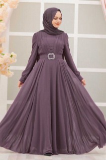 Woman Clothing - Dunkellila Hijab Abendkleid 100338110 - Turkey