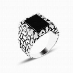 Onyx Stone Rings - Black Stone Side Stone Patterned Silver Ring 100346912 - Turkey