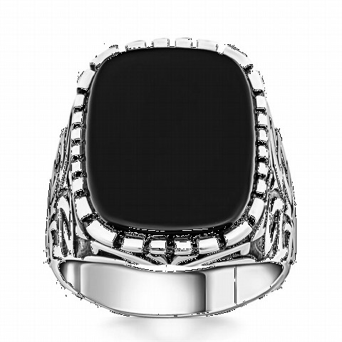Onyx Stone Rings - Black Onyx Silver Ring with Motifs on the Edges 100349308 - Turkey