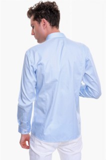 Men's Ice Blue 100% Cotton Slim Fit Slim Fit Straight Italian Collar Long Sleeve Shirt 100350595