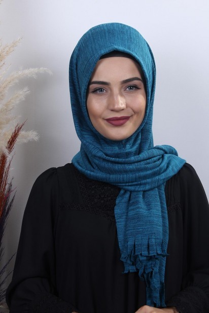 Knitted Shawl - تريكو حجاب عملي شال أزرق بترولي - Turkey