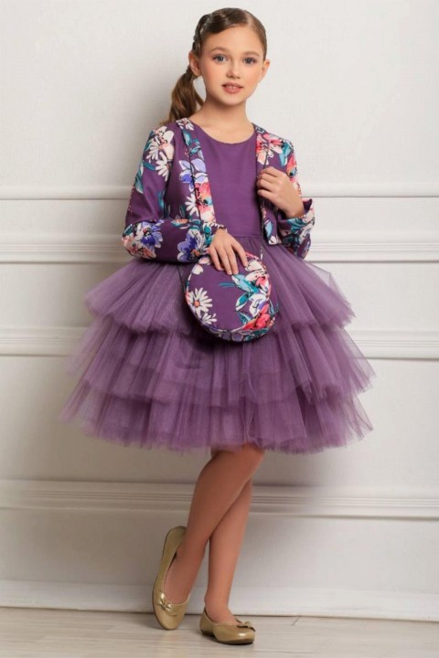 Kids - Girl Daisy Bolero Katkat Tulle Lilac Evening Dress With Bag 100327151 - Turkey