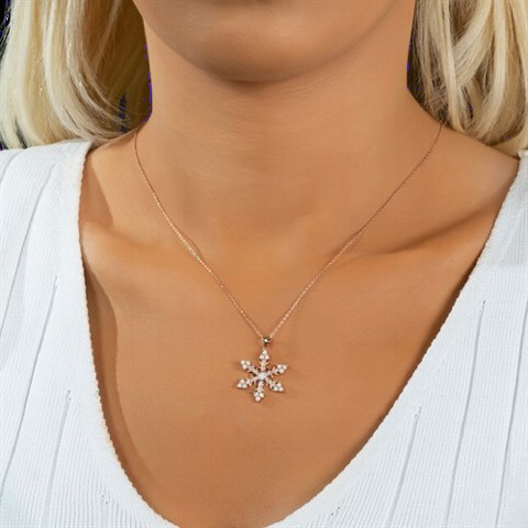 Opal Stone Detailed Snowflake Silver Necklace Rose 100350077