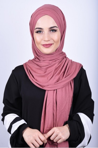 Cross Style - Combed Cotton 3-Striped Shawl Dried Rose 100285206 - Turkey