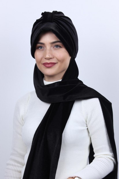 Ready to wear Hijab-Shawl - بونيه شال مخمل اسود - Turkey