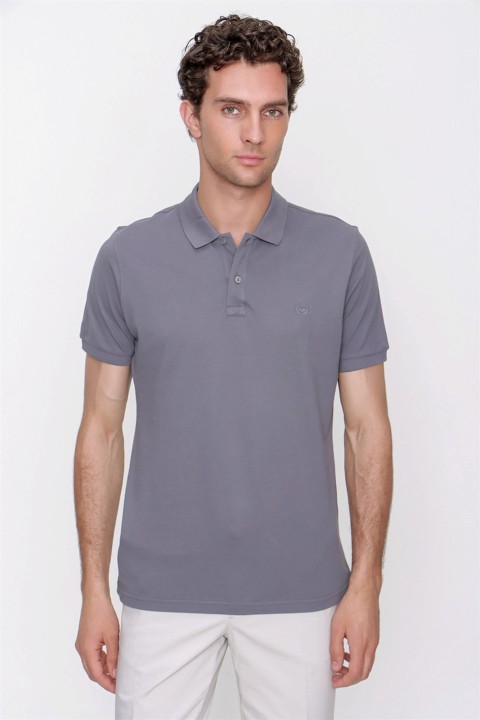 Men's Dark Gray Basic Plain 100% Cotton Dynamic Fit Comfortable Fit Short Sleeve Polo Neck T-Shirt 100351360