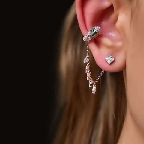 Earrings - Snake Patterned Chain Solitaire Silver Earring 100349969 - Turkey