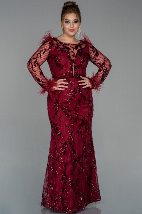Evening Dress - Evening Dress Transparent Detailed Embroidered Plus Size Evening Dress 100296046 - Turkey