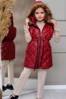 Girl's Rope Detailed Hooded Wool Inflatable Vest Red Bottom Top Set 100344688