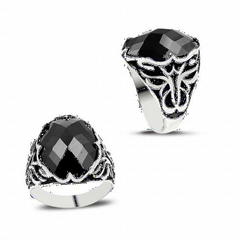 Zircon Stone Rings - Black Zircon Stone Motif Sterling Silver Men's Ring 100348947 - Turkey