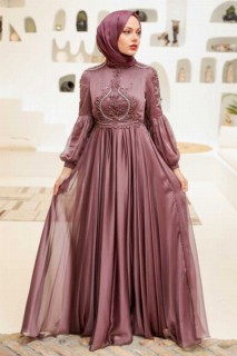Evening & Party Dresses - Dark Dusty Rose Hijab Evening Dress 100339300 - Turkey