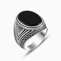 Onyx Stone Rings - Black Onyx Stone Oval Silver Men's Ring 100347900 - Turkey