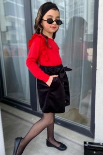 Girl's New Frilly and Double Pockets Button Detailed Velvet Red Skirt Suit 100344681