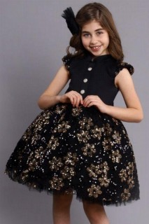 Evening Dress - Girl's New Tiny Sultan Buttoned Fluffy Black Evening Dress 100327107 - Turkey
