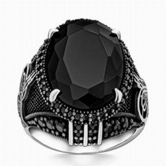 Ottoman Seal Motif Black Zircon Stone Silver Ring 100346365