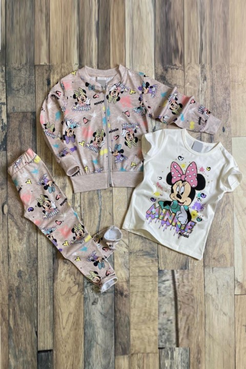 Kids - Girl's Minnie Mouse Digital Printed Triple Ecru Tracksuit 100327183 - Turkey