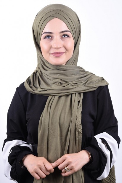Cross Style - Combed Cotton 3-Striped Shawl Khaki Green 100285207 - Turkey