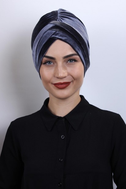 Woman Bonnet & Turban - آنتراسیت کلاه مخملی 3 راه راه - Turkey