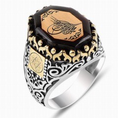 Amber Stone Ottoman Tugra Silver Ring 100348119