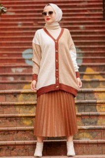 Outwear - Brown Hijab Knitwear Cardigan 100338391 - Turkey