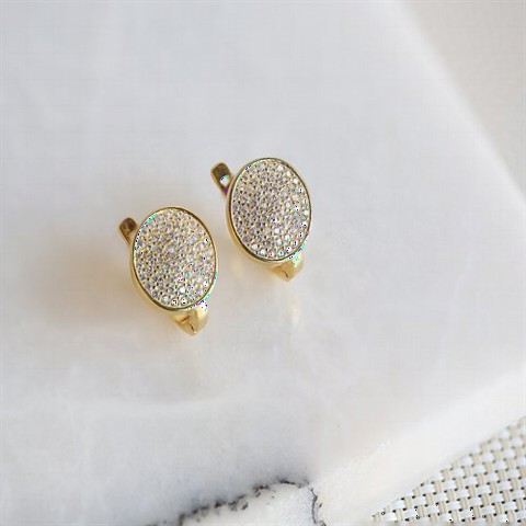Oval Stone Women's Silver Earrings Gold 100347363