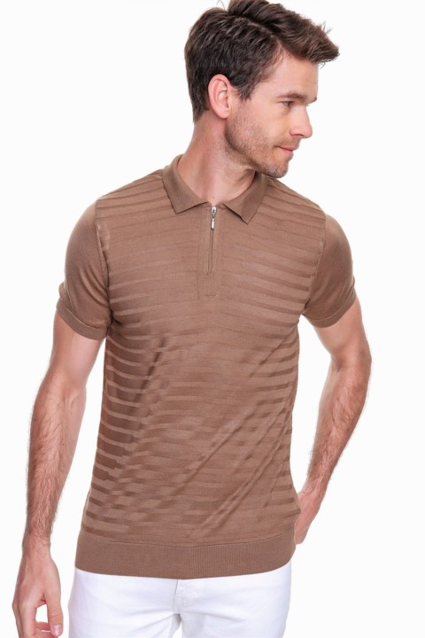 T-Shirt - Men's Mink Striped Pattern Polo Collar Dynamic Fit Comfort Fit Zippered Knitwear T-Shirt 100351250 - Turkey