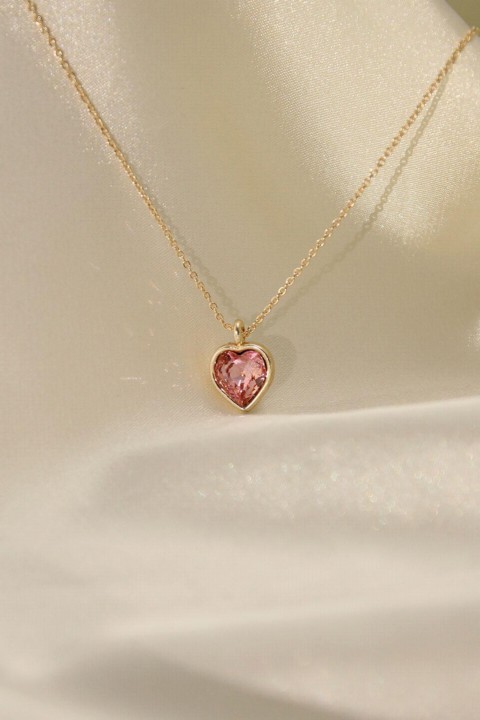 Necklaces - Gold Metal Chain Pink Zircon Stone Heart Necklace 100326521 - Turkey