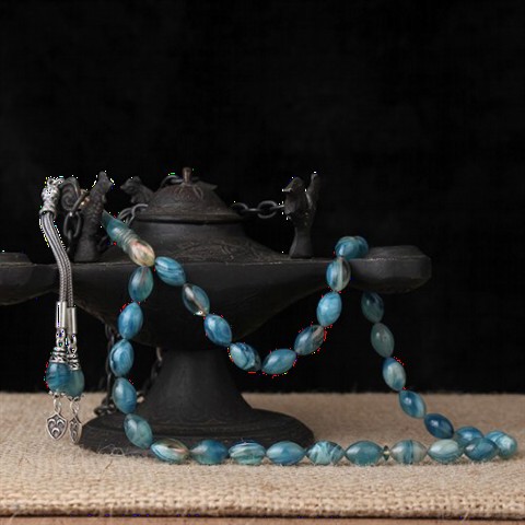 Three Crescent Model Tasseled Blue Spinning Amber Rosary 100349469