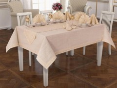 Table Cover Set - Französische Guipure-Schmetterlings-Tischdecken-Set 26-teilig Creme-Gold 100330845 - Turkey