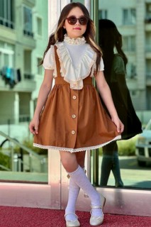 Girl's Frill Collar Front Buttoned Sock Brown Loaflet Dress 100344723