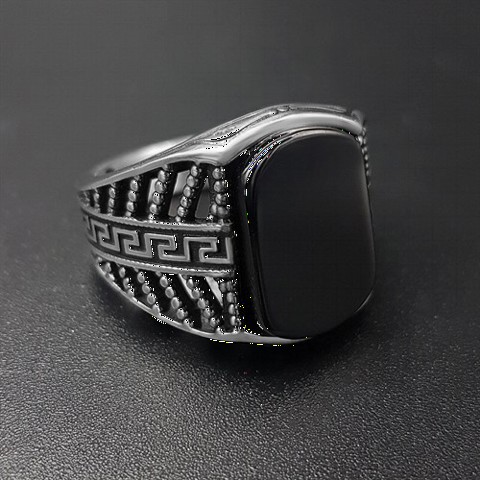 Antique Water Pattern Onyx Stone Silver Ring 100350255