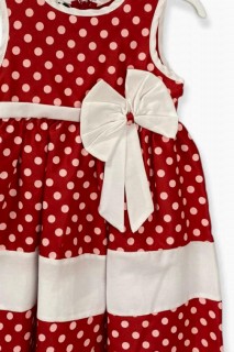 Girl's Stripe Detailed and Waist Bow Polka Dot Red Strap Dress 100327245