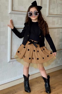Girl Clothing - جاكيت بليزر ولادي بفيونكة خلفية وبذلة تنورة سوداء منقطة 100328225 - Turkey