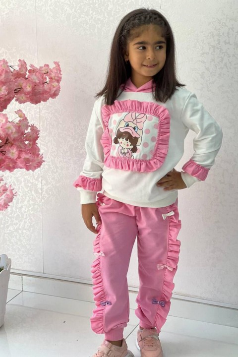 Girl Duck Printed Ruffle Detailed Hooded Pink Tracksuit Suit 100330970