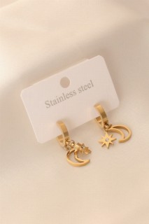 Jewelry & Watches - Gold Color Moon Star Figure Zircon Stone Detail Steel Women's Earrings 100327760 - Turkey