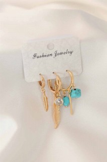 Jewelry & Watches - Feather Figured Zircon Stone And Leaf Detailed Gold Color Women's Earrings 100327602 - Turkey