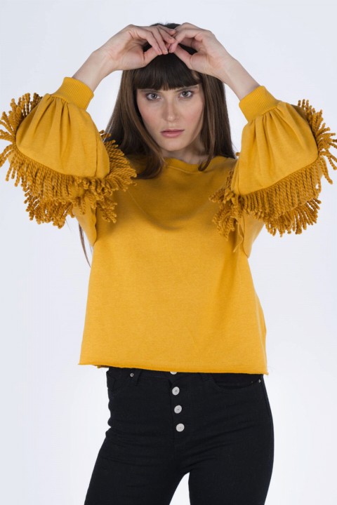 Sweatshirt - Women's Sleeves Tasseled Sweatshirt 100326278 - Turkey