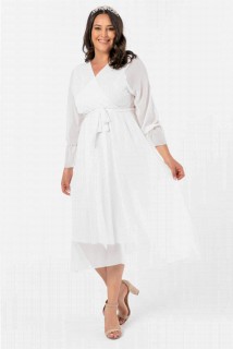 Evening Dress - Angelino Plus Size Double Breasted Collar Sleeved Chiffon Dress White 100276654 - Turkey