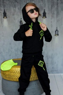 Boys Digital Printed Rope Detailed Hooded Black Tracksuit Suit 100328669