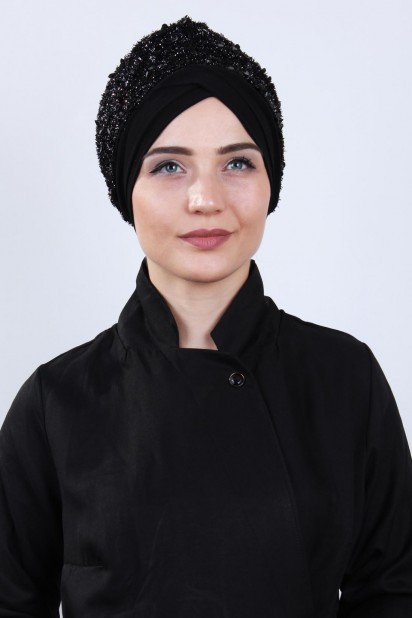 Woman Bonnet & Hijab - Draped Sequin Bonnet Black 100284889 - Turkey