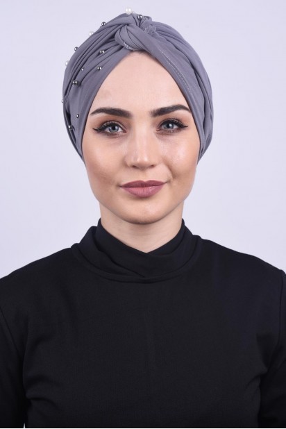 Woman Bonnet & Turban - لؤلؤي تويل بونيه رمادي - Turkey