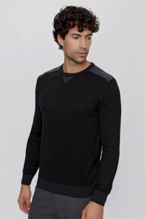Zero Collar Knitwear - كنزة تريكو سوداء للرجال بقصة ديناميكية فضفاضة بقصة دائرية وياقة دائرية 100345159 - Turkey