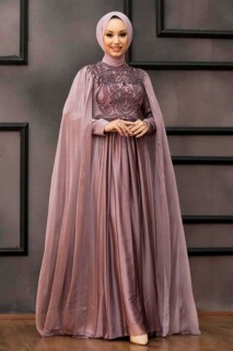 Wedding & Evening - Mink Hijab Evening Dress 100336897 - Turkey